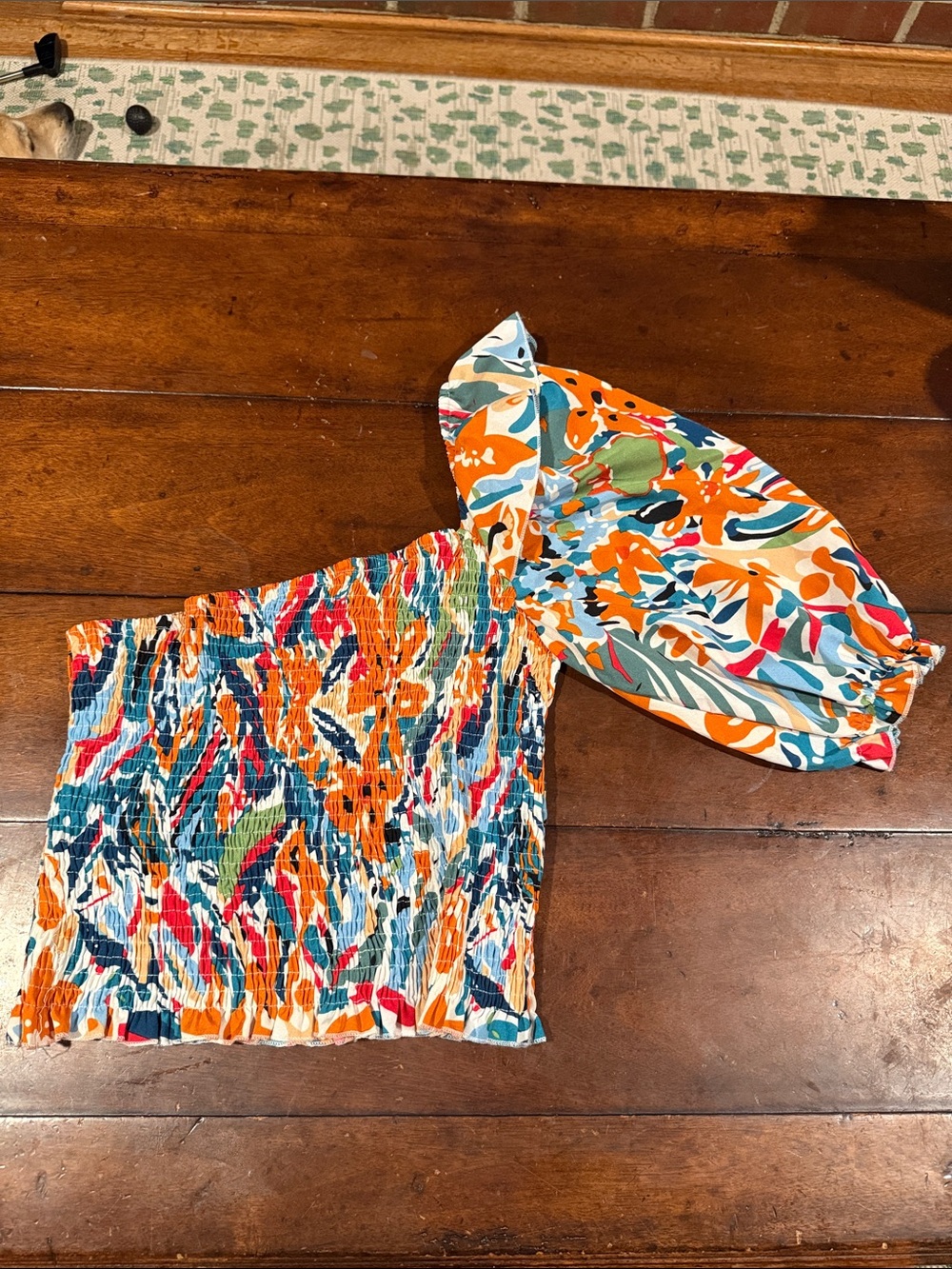 Colorful One-Shoulder Smocked Top - Vibrant Floral Print